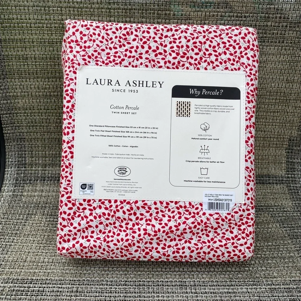 Laura Ashley Jolly Holly Holiday Red Floral TC200 Cotton TWIN Sheet Set 3pc